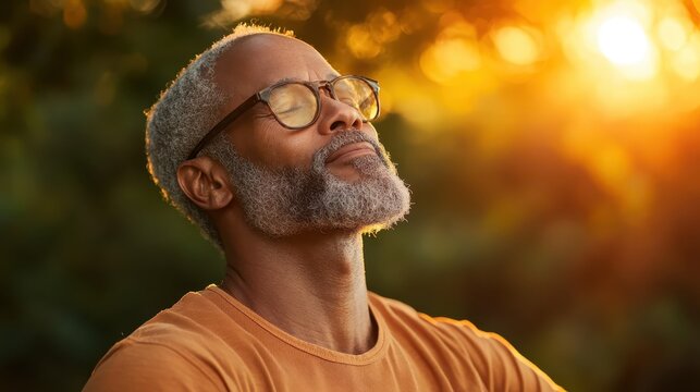 A tranquil scene of an older man meditating in nature, basking in the warm glow of the sunset, showcasing peace, serenity, and the beauty of mindfulness and self-reflection.