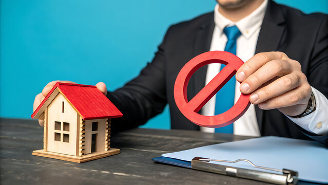 Real Estate Restriction: A professional in a suit, holding a miniature house and a "no" symbol, illustrates the concept of a property restriction.