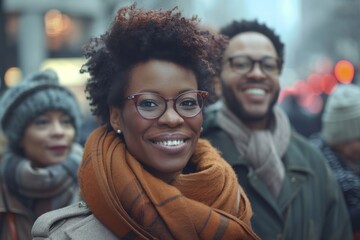 Group of friends having fun together in the city. Young african american woman wearing eyeglasses, smiling and looking at camera.