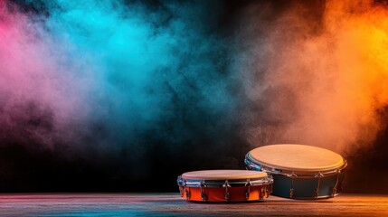 A striking image of two drums positioned before a backdrop of vibrant blue and orange smoke, emphasizing the artistic expression associated with rhythm and music.