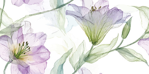 Ethereal lily Alstroemeria Bloom Seamless Pattern Transparent Botanical Vector Illustration for design, textile, packaging, fabric wallpaper branding, stationery wrapping paper interior decor