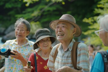 Group of happy asian senior people taking photo in the park.