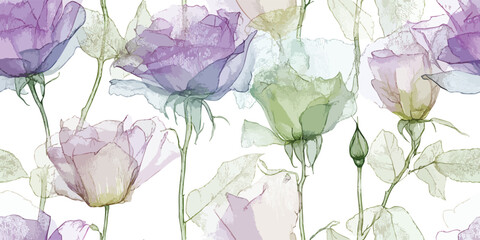 Ethereal Rose Bloom Seamless Pattern Transparent Botanical Vector Illustration for design, textile, packaging, fabric wallpaper branding, stationery wrapping paper interior decor