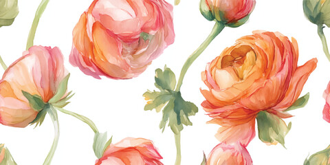 Watercolor Ranunculus Seamless Pattern Warm Floral Vector Print for design, textile, packaging, fabric wallpaper branding, stationery wrapping paper interior decor
