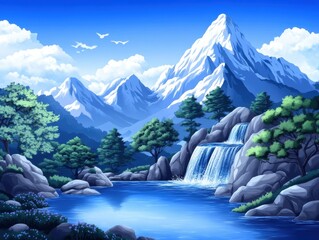 Majestic mountain range with waterfall and lake. Lush vegetation surrounds tranquil scene