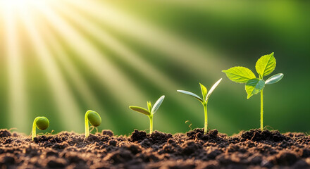 Young plants sprout from soil, bathed in sunlight