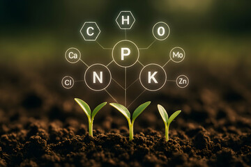 Young sprouts emerging from soil, with glowing chemical symbols representing essential nutrients for plant growth