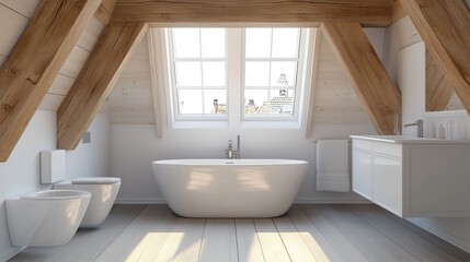 Fototapeta premium A spacious, white attic bathroom with a freestanding bathtub and a wall-mounted vanity.