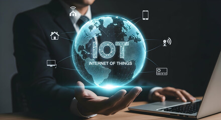 Businessman's hand holding a holographic globe showcasing Internet of Things (IoT) technology