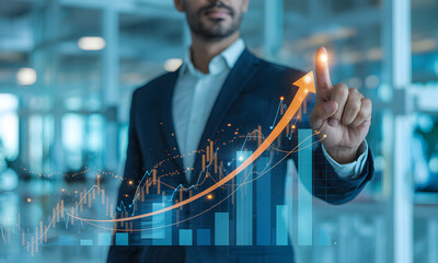 Businessman interacts with upward-trending graph overlay on modern office backdrop