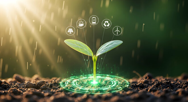 Young sprout emerging from soil, overlaid with glowing green circular interface and environmental icons