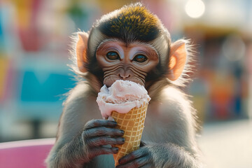 Adorable Baby Monkey Eating Ice Cream Cone - Cute Animal Portrait