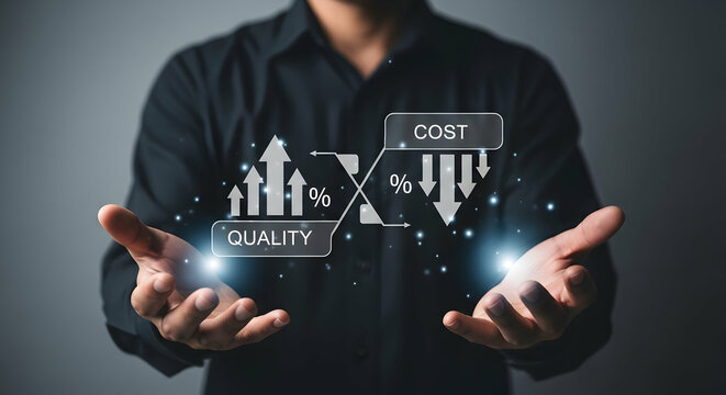 A person holds up graphic representations of cost and quality, with arrows illustrating increase and decrease