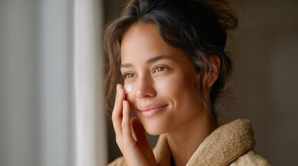 Fototapeta premium Woman embracing morning ritual with spf skincare for radiant skin