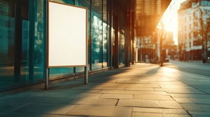 Fototapeta premium An empty billboard stands alone on a city sidewalk during sunset, emphasizing themes of potential and opportunity amidst the beautiful urban landscape.