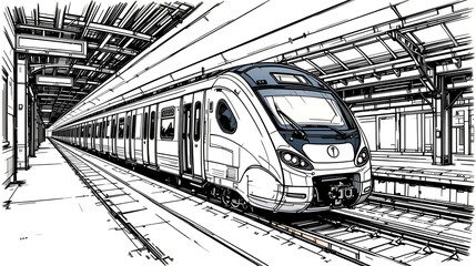Naklejka premium Metro train vector illustration sketch. Fast modern express passenger train on high speed railway station