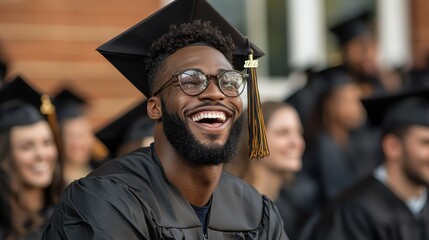 This vibrant image captures a joyful graduate smiling broadly in their cap and gown among fellow graduates, perfectly encapsulating the celebration of academic achievement and community.