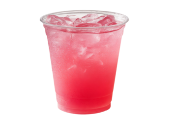 A cup of pink drink with ice in it