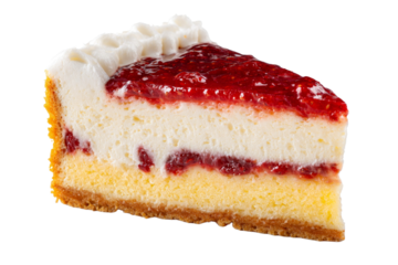 A slice of strawberry cheesecake with a white frosting