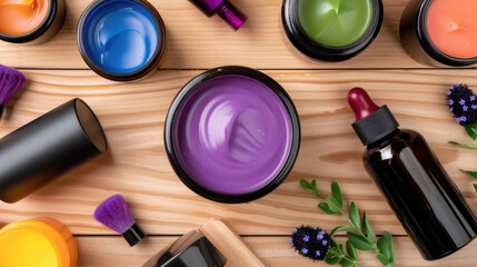 Colorful display of various health and beauty products arranged on wooden surface, showcasing vibrant creams and oils in jars and bottles, creating inviting atmosphere