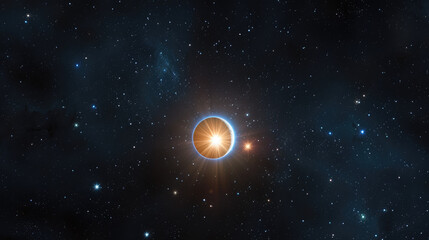 Cosmic event featuring bright star surrounded by halo of light, set against backdrop of deep space filled with stars and celestial bodies, evokes sense of wonder and mystery