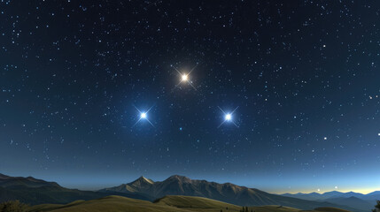 Stunning cosmic event showcases planets aligning in starry night sky, with bright celestial bodies shining over serene landscape. mountains create beautiful backdrop for this astronomical display