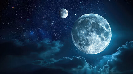 Stunning cosmic landscape featuring large moon and smaller moon against starry night sky, surrounded by soft clouds. scene evokes sense of wonder and tranquility