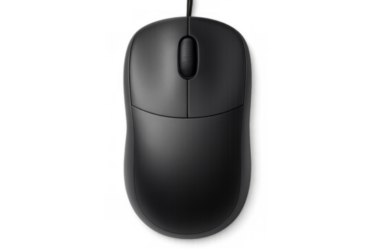 Black wireless computer mouse isolated on transparent background, perfect for technology or computer-related projects