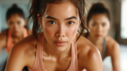 Diverse group of women engaged in fitness activities, showcasing determination and strength. focus is on woman in foreground, highlighting her intense expression and athleticism