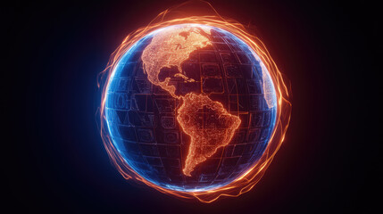 Glowing globe representing Americas, surrounded by vibrant digital shields, showcases blend of technology and geography, evoking sense of innovation and connectivity