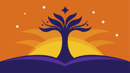 Book and Tree Silhouette at Sunset A silhouette of an open book dominates the foreground with a majestic tree rising from its pages. The scene is set against a gradient sunset