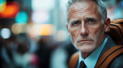 Fototapeta premium A mature man with silver hair stands in a vibrant cityscape, wearing a suit and a backpack, conveying strength and introspection against a blurred urban backdrop.