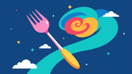 Culinary Adventure A giant fork is depicted midair gleefully spiraling towards a fluffy cloud that has a swirl design resembling a soft serve ice cream. The cloud is surrounded by