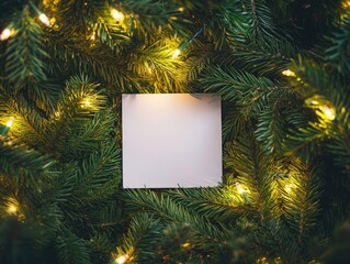 Empty square note surrounded by Christmas lights and branches