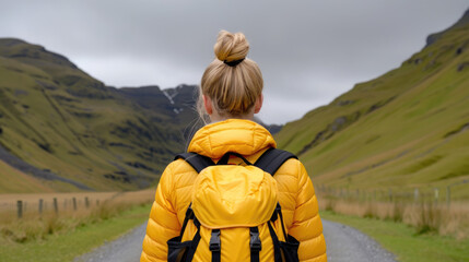 Woman wearing bright yellow jacket and backpack stands on gravel path in lush green valley surrounded by mountains. overcast sky adds sense of adventure and exploration to scene