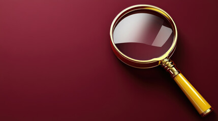 Magnifying glass with yellow handle rests on deep red surface, creating striking visual contrast. This evokes curiosity and pursuit of knowledge