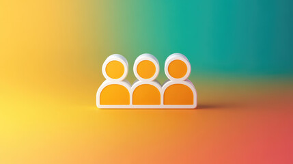 Three stylized figures in yellow against vibrant gradient background symbolize teamwork and collaboration. This conveys sense of unity and partnership in modern business context