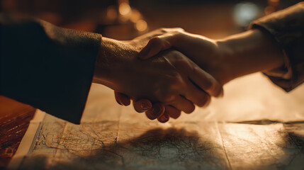 Two people shaking hands over a map in warm light
