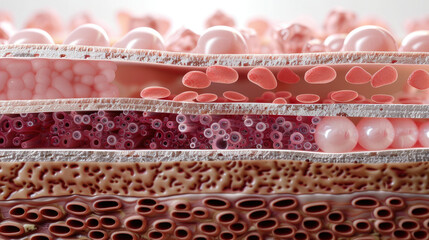 Cross section of skin layers showcasing various components such as sweat glands, blood vessels, and cells. This detailed illustration highlights complexity and structure of human skin