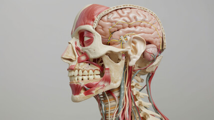 Anatomical model showcasing human skull and brain, highlighting muscles, nerves, and intricate structure of head. This detailed representation emphasizes complexity of human anatomy