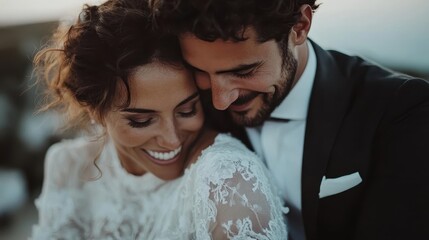 A beautiful couple embraces under the warm tones of a sunset, radiating love and joy, with their expressions reflecting happiness and deep emotional connection.