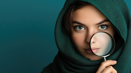 Young woman with striking green eyes is holding magnifying glass close to her face, partially obscured by dark green scarf. background is solid teal color, creating captivating and mysterious