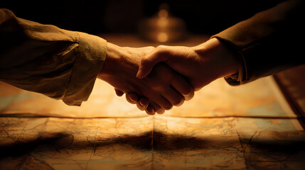 Two people shaking hands over a map in warm lighting