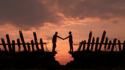 Silhouettes of two people shaking hands on a bridge at sunset