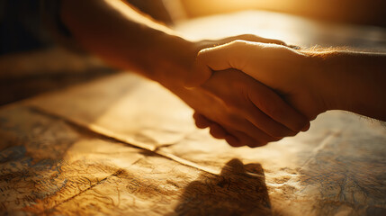 Two people shaking hands over a map with warm lighting