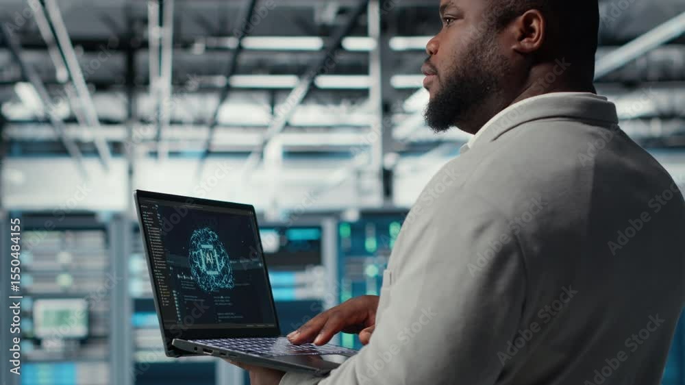Poster software developer in data center uses ai technology on laptop to optimize storage volumes. it exper