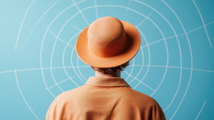 Person wearing orange hat stands against blue background with circular patterns, creating vibrant and modern atmosphere. scene evokes sense of curiosity and exploration