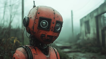 A rusty, weathered robot stands silently in a foggy urban environment, symbolizing nostalgia for past technology and exploring themes of memory and abandonment.