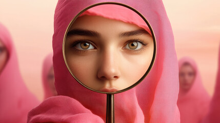 Young woman wearing pink scarf holds magnifying glass, focusing intently. background features other individuals in similar attire, creating sense of unity and curiosity