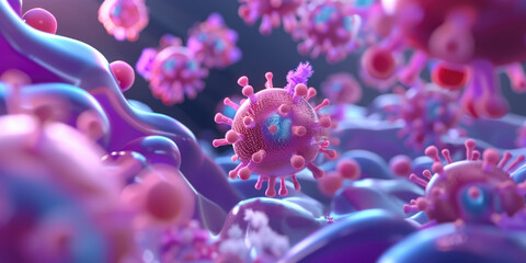 Microscopic view of colorful viruses attacking cell, showcasing intricate details and vibrant colors. scene evokes sense of wonder and curiosity about microscopic world